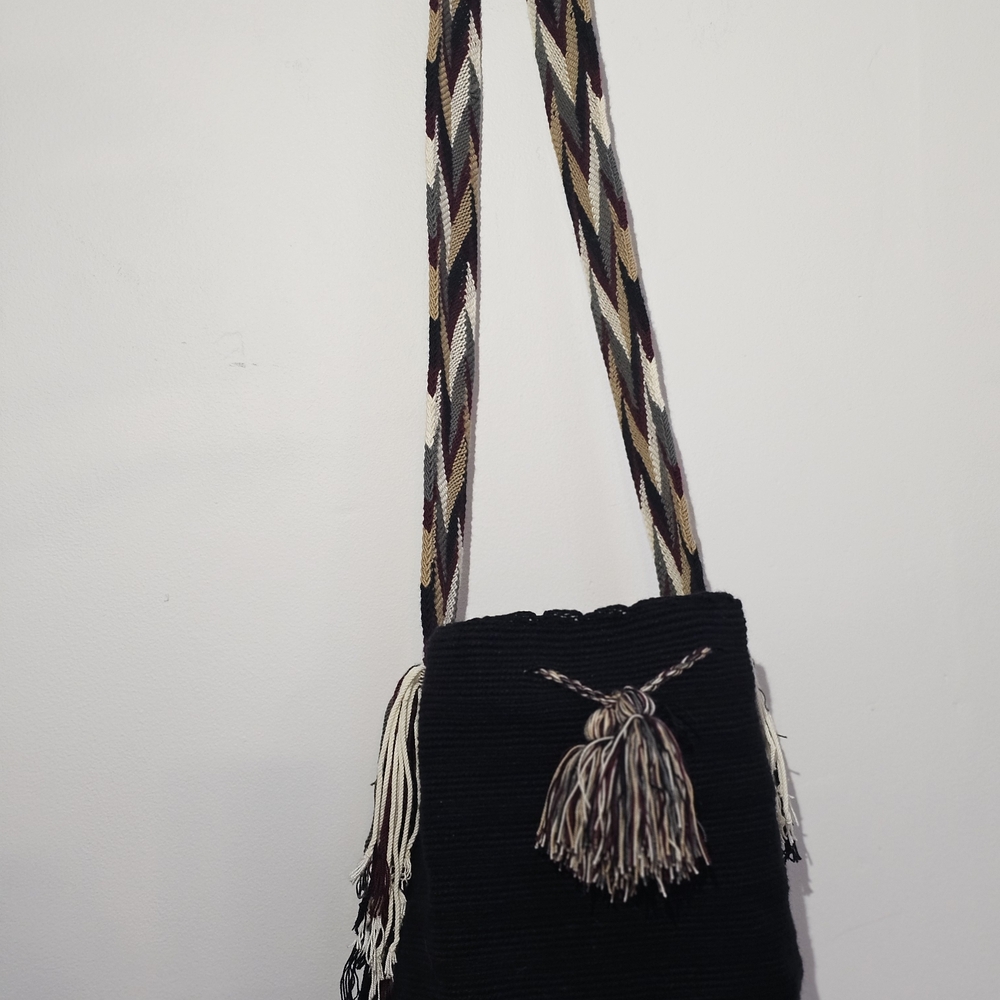 Black Crossbody Bag with Braided Strap and Tassel